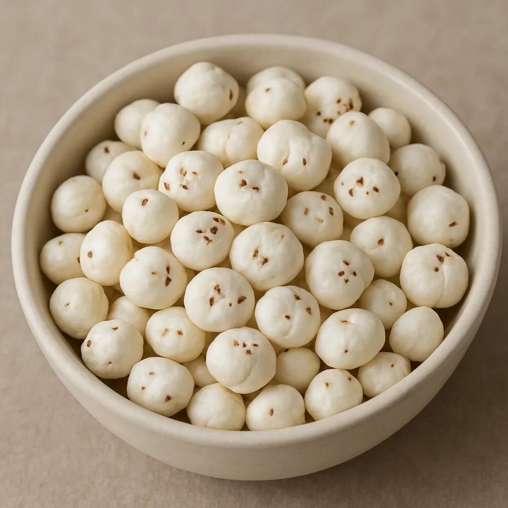 Bowl of roasted makhana (fox nuts) for wholesale supply